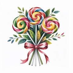 Colorful Watercolor Illustration of a Lollipop Bouquet With Vibrant Colors and Green Leaves