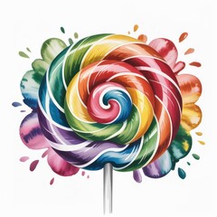 Colorful Watercolor Illustration of a Vibrant Swirl Lollipop on a Bright Background