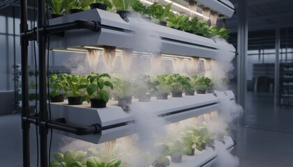 Medium shot capturing a fogponics system with visible fog diffusion and root nutrient absorption focusing on ambient lighting and modern agricultural design.