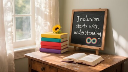 Books and chalkboard with inclusion starts with understanding quote in cozy classroom environment promoting neurodiversity empathy education and support