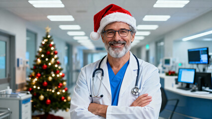 A male doctor standing confidently in a modern hospital corridor during the Christmas season.. Christmas, Christmas Tree, Merry Christmas, Christmas Background, Christmas Lights