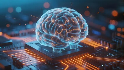 A glowing human brain model illuminated with neural pathways, mounted on a circuit board with digital light trails in a futuristic tech environment.