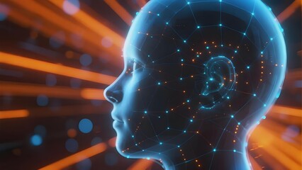 Digital human head with neural network overlay and glowing connections against a radiant background