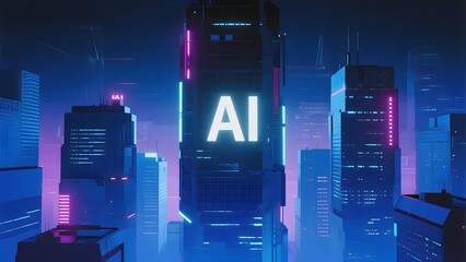 Futuristic cityscape with illuminated AI signage on a central skyscraper at night