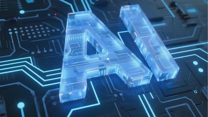 Translucent AI letters on a glowing circuit board background
