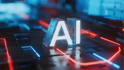3D AI letters on a futuristic circuit board with neon lighting