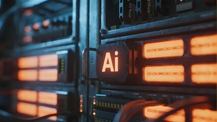 Server rack with illuminated AI label and glowing panels in a data center environment