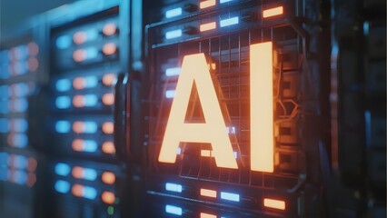 Illuminated AI letters displayed on a server rack in a data center environment