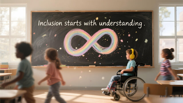 Inclusive classroom with diverse children wearing headphones and wheelchair in front of chalkboard with inclusion starts with understanding message