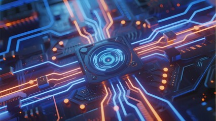Close-up of a futuristic circuit board with glowing blue and orange pathways and a central processor unit