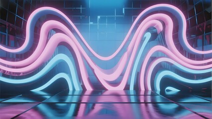 Neon pink and blue wavy forms in a futuristic digital environment with reflective floor and grid background