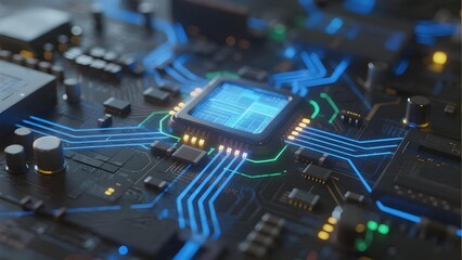 Close-up of a microchip on a circuit board with illuminated blue and green pathways