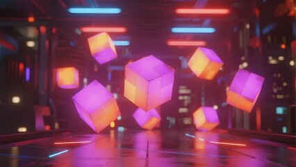 Floating glowing cubes in a futuristic neon-lit corridor