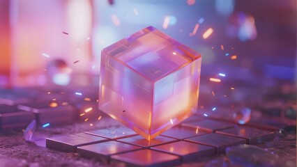 A glowing translucent cube emitting sparks on a tiled surface with vibrant lighting effects