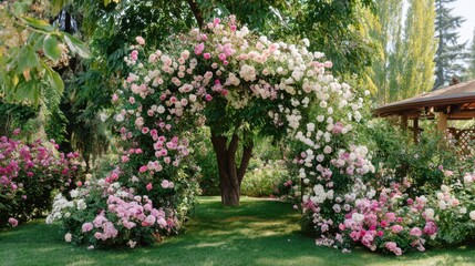 Beautiful blooming rose archway in a lush garden setting surrounded by vibrant floral arrangements and a charming gazebo in the background