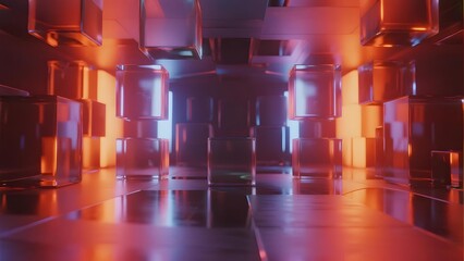 Futuristic corridor with glowing transparent cubes and reflective floor under red and orange lighting