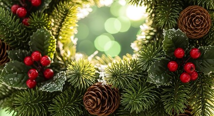 Illustration of closeup of a festive christmas wreath with pine cones and red berries, decorated with artificial snow