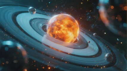 A fiery planet with glowing rings surrounded by celestial bodies in a star-filled space scene