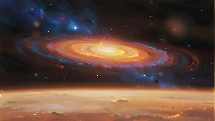 A spiral galaxy glowing with vibrant colors above a planetary horizon in deep space