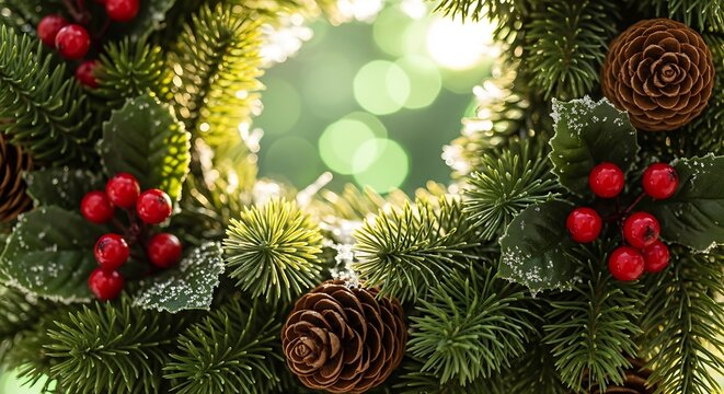 Illustration of closeup of a festive christmas wreath with pine cones and red berries, decorated with artificial snow - Powered by Adobe