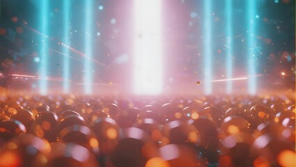 Abstract scene with glowing vertical beams and a field of reflective spheres under a radiant light