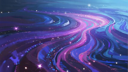 Abstract cosmic swirl with vibrant purple and blue hues, glowing particles, and star-like sparkles