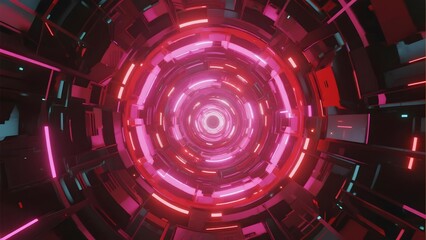 Futuristic neon-lit tunnel with circular patterns and glowing red lights