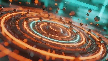 Abstract futuristic circular interface with glowing rings and floating particles in a high-tech environment