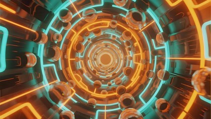 Neon-lit futuristic tunnel with glowing orange and cyan geometric patterns and circular structures
