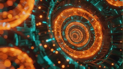 Futuristic circular tunnel with glowing orange and blue lights, creating a sci-fi atmosphere