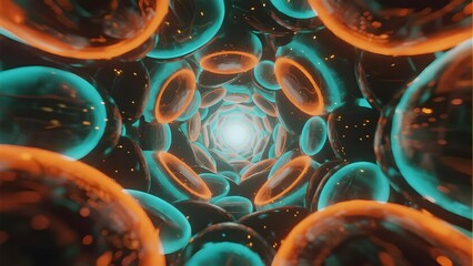 Abstract tunnel of glowing cellular structures with a central light source, resembling biological or microscopic forms