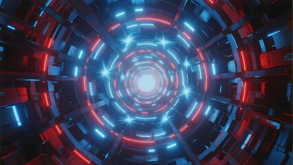 Futuristic tunnel with glowing red and blue lights creating a circular, symmetrical pattern leading to a bright center