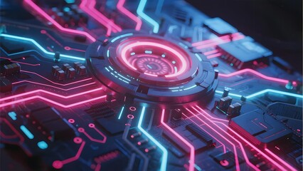 Futuristic circuit board with glowing neon pathways and central illuminated hub