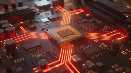 Close-up of a microprocessor on a circuit board with glowing red pathways indicating electrical activity.