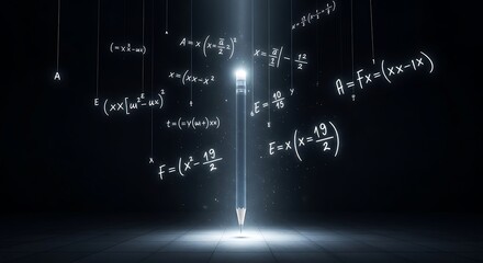 A glowing pencil illuminated by a spotlight, surrounded by floating mathematical formulas and equations against a dark background.