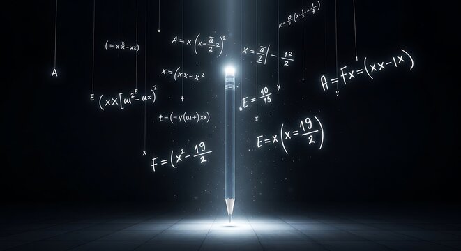 A glowing pencil illuminated by a spotlight, surrounded by floating mathematical formulas and equations against a dark background.