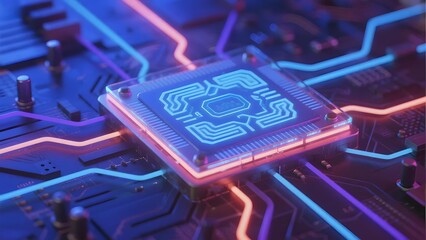 Close-up of a glowing microchip on a circuit board with illuminated pathways