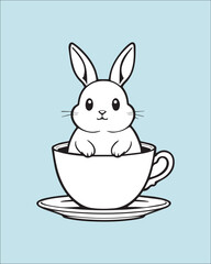 An endearing illustration featuring a small bunny sitting inside a tea cup. Excellent for coffee shop branding, cute merchandise, baby shower cards