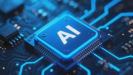 Close-up of an AI chip on a circuit board with glowing blue pathways