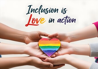 Naklejka premium Diverse hands holding rainbow heart on white background with quote inclusion is love in action symbolizing neurodiversity empathy and social awareness