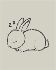 A clean, simple black and white outline drawing of a rabbit sleeping. Ideal for minimalist icons, patterns, children's apparel tags