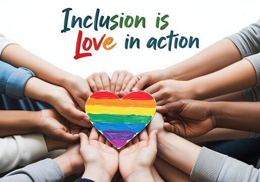 Diverse hands holding rainbow heart on white background with quote inclusion is love in action symbolizing neurodiversity empathy and social awareness