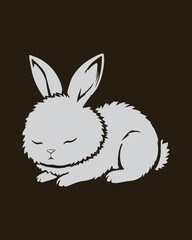 A soft, black and white illustration of a rabbit curled up and sleeping peacefully. This cozy image is suitable for lullaby themes, sleepwear branding, minimalist graphics