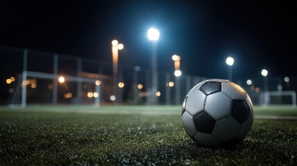 Soccer ball resting on lush grass field under bright lights at night in an empty stadium with goalposts in the background, conveying a sense of solitude and passion