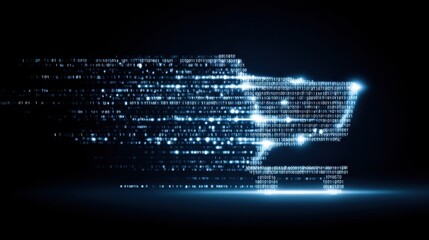 Futuristic digital shopping cart flowing with light trails and binary code representing online commerce, technology, and data processing in modern e-commerce