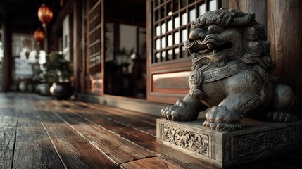 Ancient guardian lion statue at the entrance of a traditional chinese house