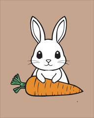 A sweet and charming cartoon illustration featuring a small white rabbit sitting atop a large carrot. Ideal for kids' apparel, springtime greetings, gardening themes