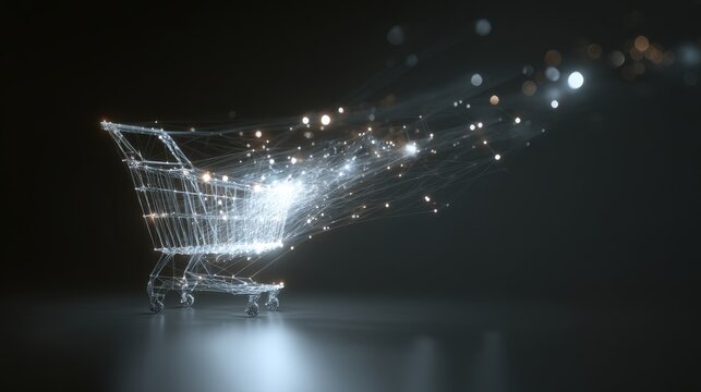 Abstract representation of a shopping cart made of glowing particles, symbolizing online shopping and digital commerce in a modern setting