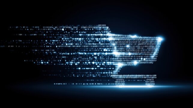 Futuristic digital shopping cart flowing with light trails and binary code representing online commerce, technology, and data processing in modern e-commerce