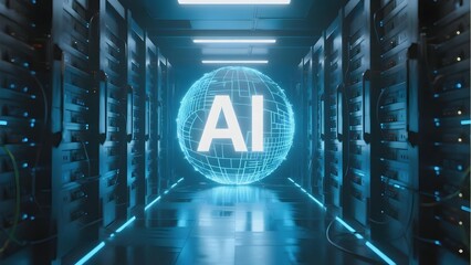 A futuristic server room with a glowing AI sphere at the center, symbolizing artificial intelligence in data processing.